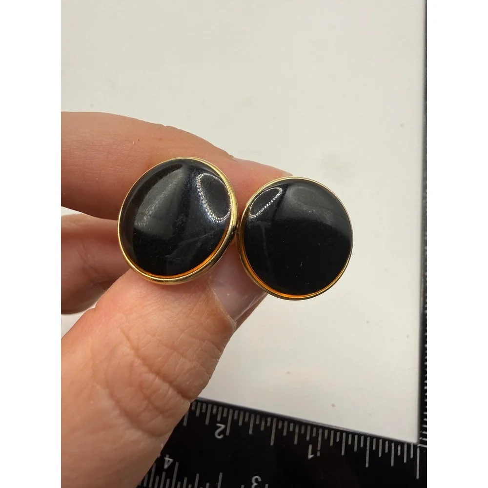 Vintage Gold Tone Black Oval Cabochon Cufflinks Classic Formal Wedding Accessory